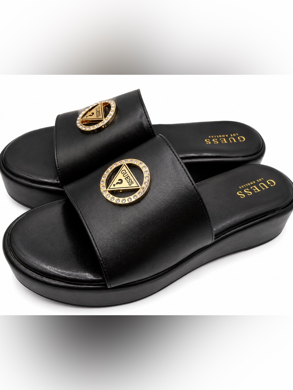 GUESS Black Slide Sandals with Gold Crystal Logo